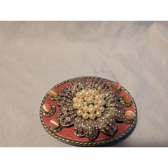 Vintage Oval Belt Buckle With Faux Pearl & Pink Coral Floral Design - Picture 1 of 2